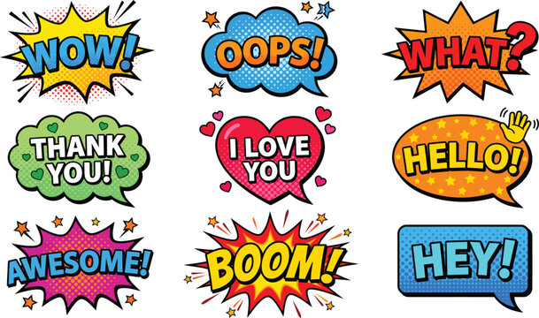 Comic speech bubbles set with colorful pop art expressions and halftone patterns for creative graphic design