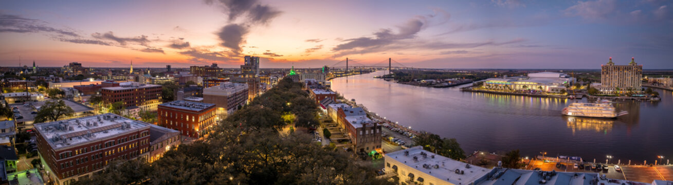 Aerial view of Savannah, old historical city in Georgia. Southern American architecture at night
