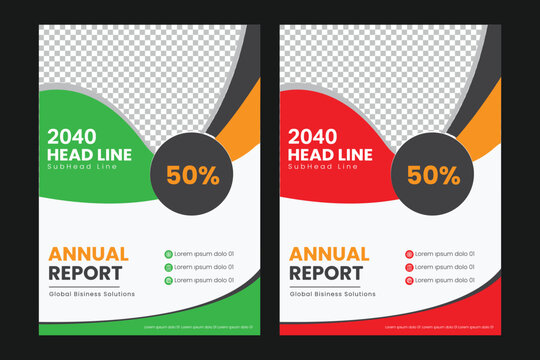Annual report template with colorful design and 50 percent infographic for global business solutions