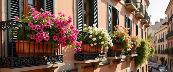 Fototapeta premium Flowers on balcony in Barcelona for travel blogs, European vacation inspiration, and Mediterranean architecture lifestyle articles
