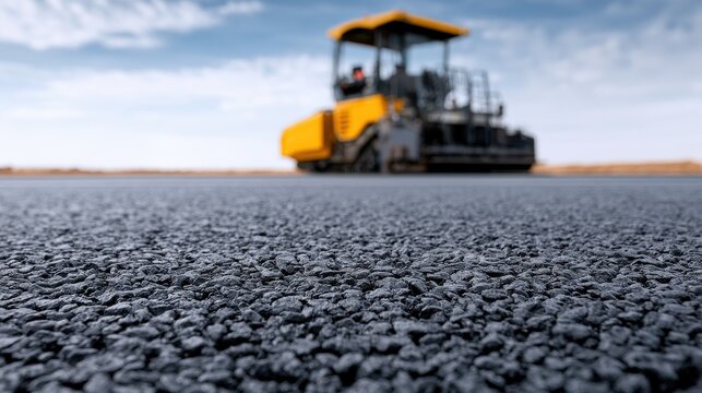 Close up of fresh black asphalt texture with a yellow road roller in the background on a construction site