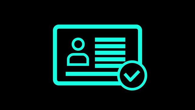 Animation of id card icon with check mark. Alpha channel, transparent background. 4K resolution