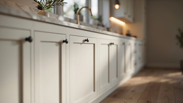 Detail of white shaker style kitchen cabinets with black round knobs