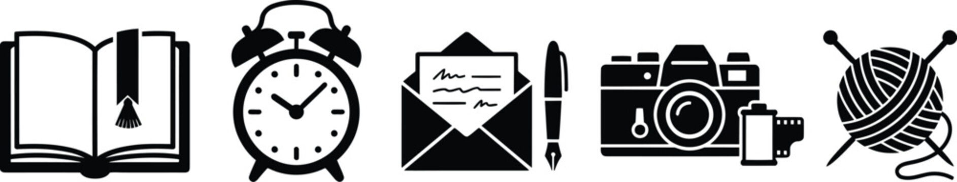 Black and white icons of book, alarm clock, letter, camera, and yarn