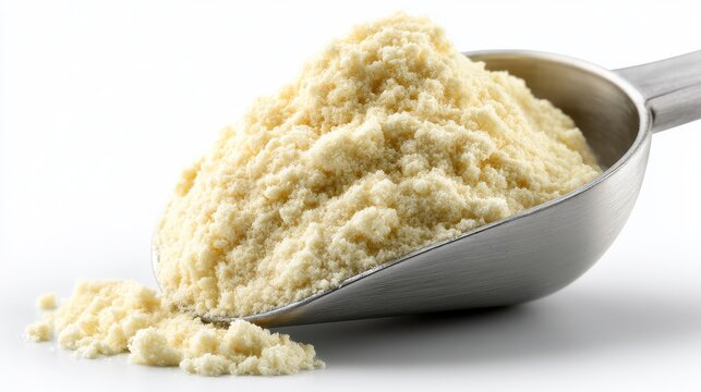 Scoop of protein powder isolated on white background.