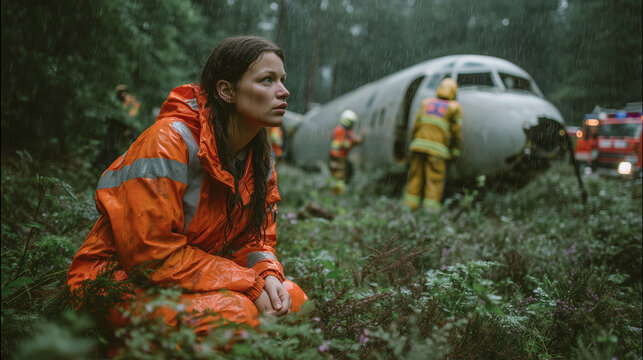 Disaster scene in a rainy forest with a female paramedic in a high-visibility orange jacket kneeling on wet grass, emergency response, rescue operation, heavy rain, wet woodland environment