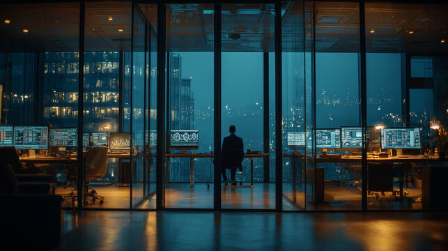 a sophisticated suit stands inside a high-tech office suite during the evening, observing dynamic financial data reflected on a glass partition. The workspace features multiple mon