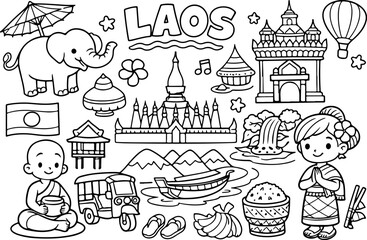 Naklejka premium laos landmarks cartoon outline hand drawn Line Art illustration doodle art coloring page for kids