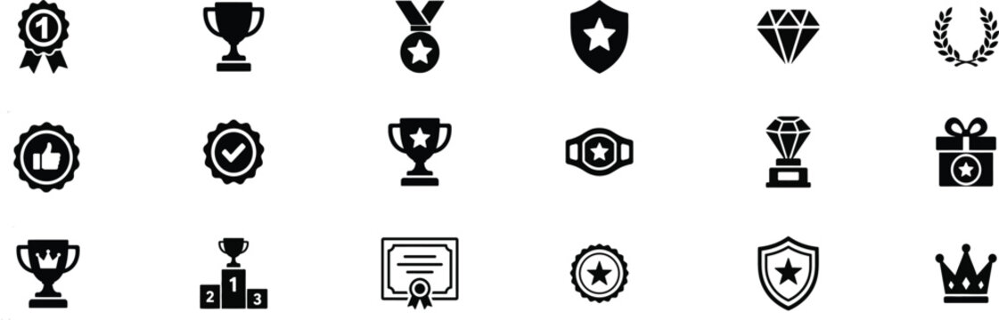 Award badge icon set, star medal ribbon symbol, line and filled style vector illustration