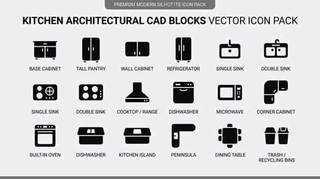 Kitchen architectural cad blocks vector icon pack, a premium modern silhouette icon collection featuring various elements for kitchen design layout planning.