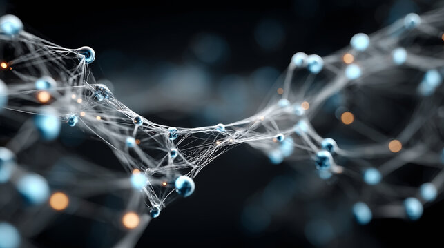 high-fidelity conceptual visualization of a digital network infrastructure. Glowing, translucent data nodes are interconnected by luminous lines, floating in a deep, dark virtual with copy space