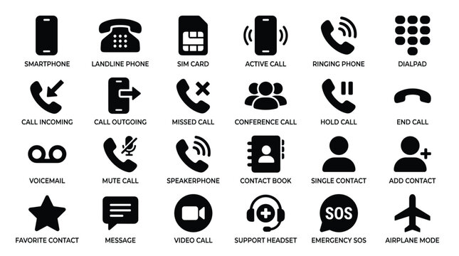 Smartphone icons and telecommunication set featuring call management tools like mute and speakerphone alongside contact management buttons and emergency sos communication signs.