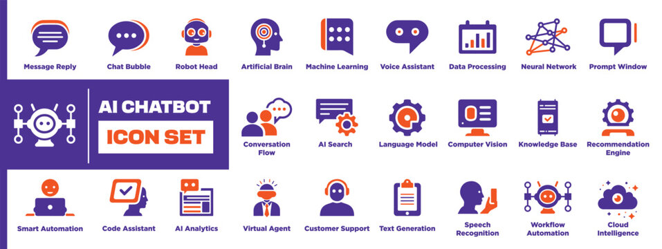 AI chatbot pictogram icons artificial intelligence automation assistant communication interface machine learning silhouette collection for digital applications