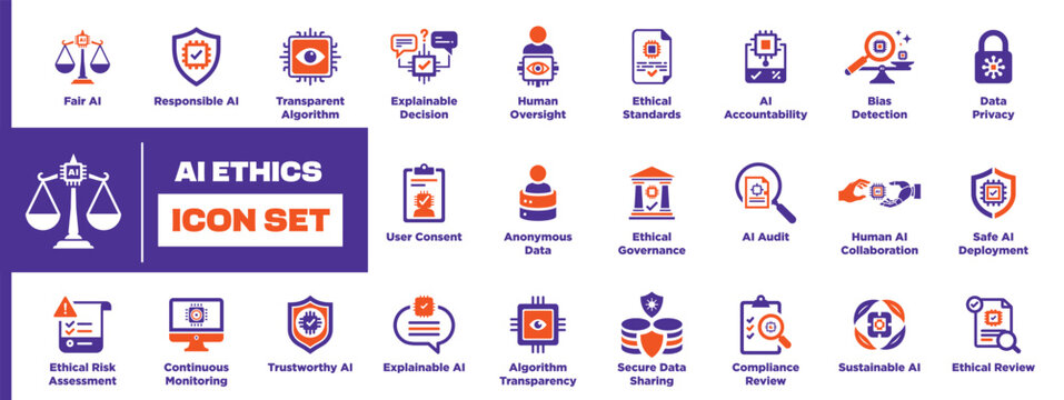 AI Ethics Pictogram Collection Featuring Fairness Privacy Transparency Accountability Governance Trustworthy Artificial Intelligence Solid Black Icons