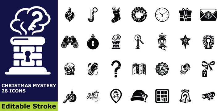 Christmas mystery and investigation icon set, 28 vector pictograms of festive holiday secrets, winter clues, and detective elements
