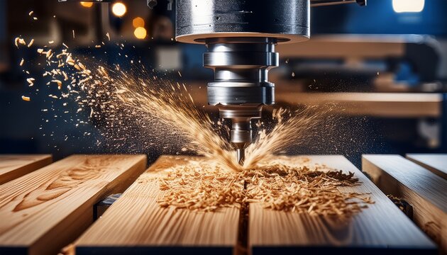 close up of a cnc machine drilling wooden planks with fine wood shavings scattering in a woodworking workshop