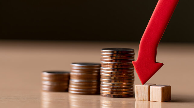 Stacked coins next to a red arrow pointing down onto wooden blocks, illustrating financial crisis, economic decline, and market decrease concepts