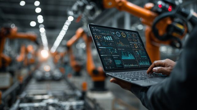 Automation engineer using laptop to control smart robotic arms in modern factory, Industry 4.0 manufacturing, industrial automation, robotics, PLC programming, digital production, smart manufacturing