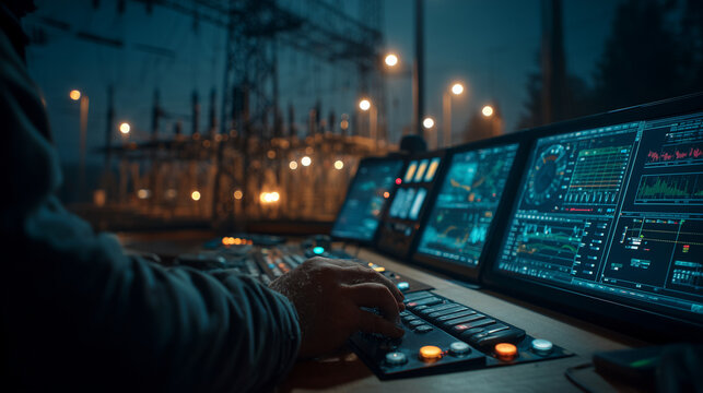 Electrical Engineer Monitoring High Voltage Power Substation Control Room at Night; Energy Grid Infrastructure Distribution Facility. A high-resolution commercial stock photo showc