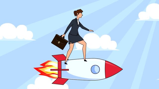 Businesswoman flying on rocket animation loop for corporate growth video