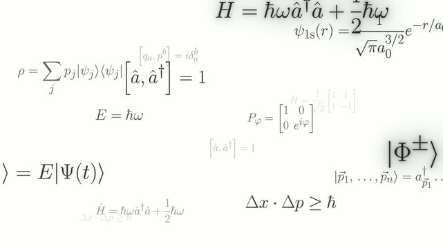 Quantum physics formulas smooth camera fly-through (endless loop), glare. Equations of quantum physics, quantum field theory, quantum information. Mathematical symbols in high-quality typesetting.