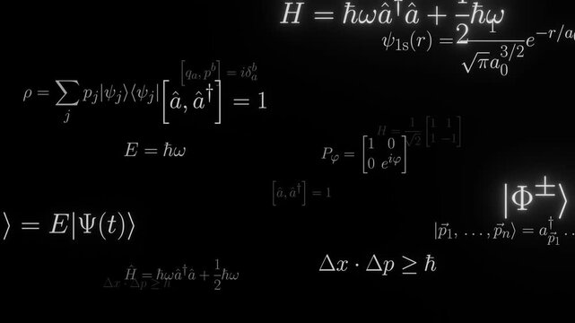 Quantum physics formulas smooth camera fly-through (endless loop), glare. Equations of quantum physics, quantum field theory, quantum information. Mathematical symbols in high-quality typesetting.