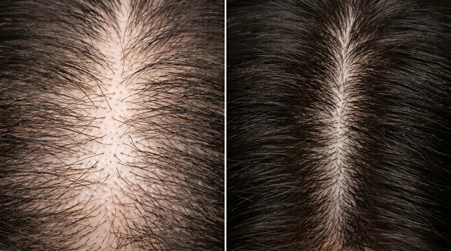 Close up view of thinning scalp compared to thick hair strand after treatment
