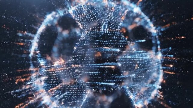 Cinematic dark background showcases a vibrant soccer ball formed by rapidly moving glowing blue and orange digital data nodes, perfect for global sports broadcasting and internet streaming.