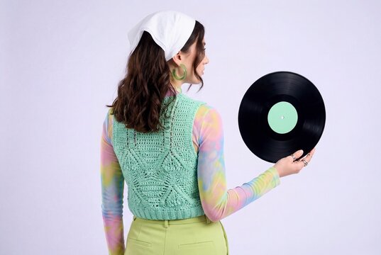 Woman with Vinyl Record and Crochet Top in Retro Style against Purple Background