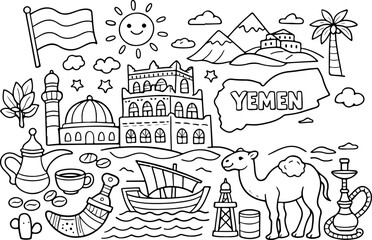 Fototapeta premium yemen landmarks cartoon outline hand drawn Line Art illustration doodle art coloring page for kids