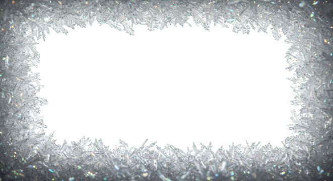 extreme close-up of an elegant, icy gray hoarfrost and filigree snowflake border with iridescent glitter, framing a transparent copy space; sophisticated winter elegance concept