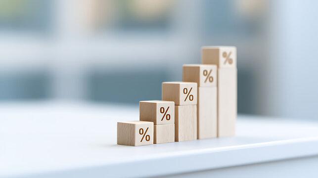 Abstract decline with wooden blocks featuring percentage symbols, showing a downward trend, recession, or decrease in statistics, finance, and marketing