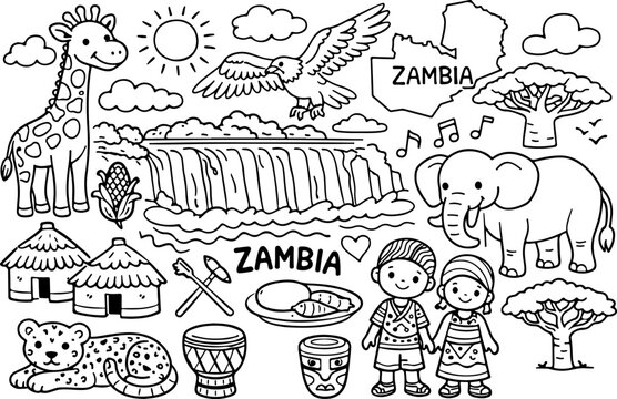zambia landmarks cartoon outline hand drawn Line Art illustration doodle art coloring page for kids