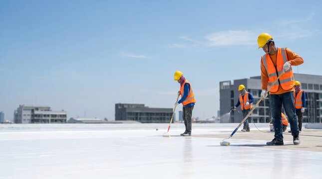 Construction workers in safety gear applying white reflective cool roof coating on a building