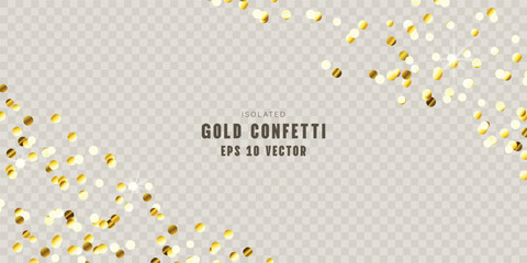 Fototapeta premium Sparkling gold confetti, scattered glittering golden sparkles, isolated on a transparent background. Perfect for holiday designs and cards. Vector illustration.