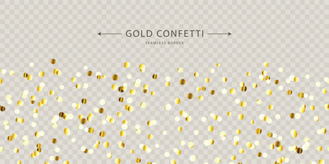Fototapeta premium Sparkling gold confetti, seamless border with scattered glittering golden sparkles, isolated on a transparent background. Perfect for holiday designs and cards. Vector illustration.