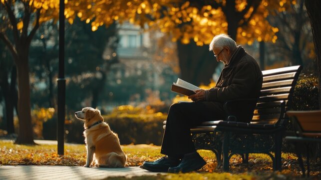 Elderly man reading book on park bench with loyal dog in autumn