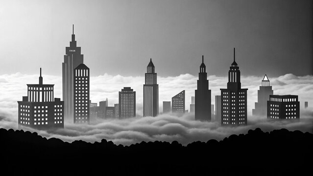 City skyline rising above foggy clouds at dusk