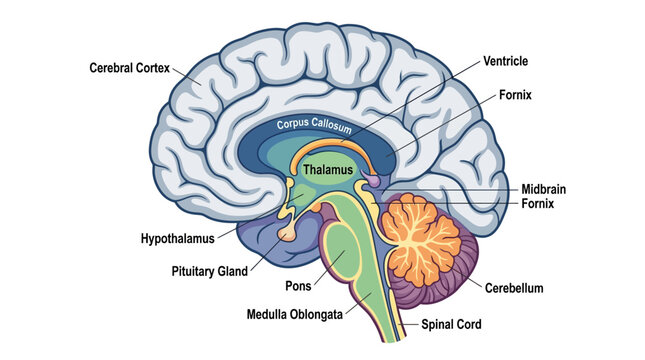 Human Brain Anatomy Sagittal Section Diagram with Labels - Medical Illustration