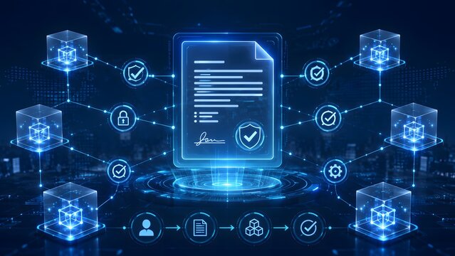 Digital smart contract or legal document secured by blockchain technology with various interconnected nodes and icons representing security and verification