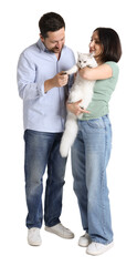 Fototapeta premium Couple with their cute cat on white background