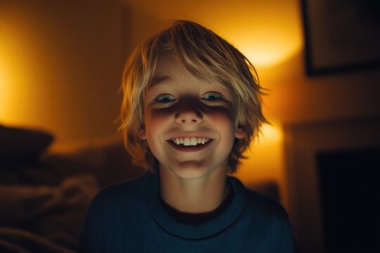 Smiling blond boy portrait at home in warm evening light with playful expression