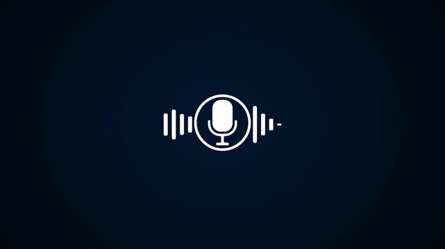 Animation of white microphone and sound waves. Audio listening Microphone symbol icon animation on derk background with 4k video animation.