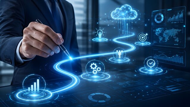 Digital transformation journey, charting a path through the cloud and data with a businessman's hand guiding the way. Visualizes innovation, strategy, and data analytics in a modern business context