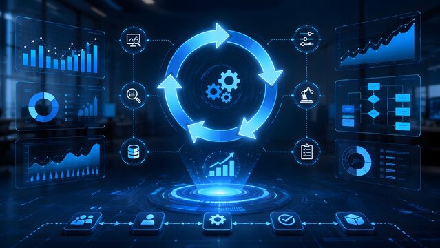 An animated graphic displaying a cyclical workflow process with gears and arrows in the center, surrounded by charts and data visualizations in a futuristic blue digital interface