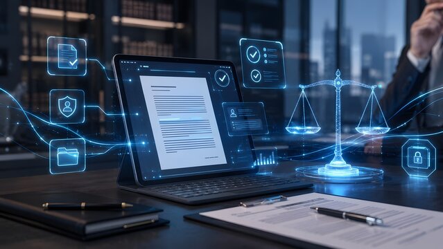 Digital legal documents displayed on a tablet, surrounded by glowing icons and a digital scale of justice, symbolizing modern legal technology and virtual law practices