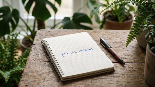note you are enough blue script notepad page pen green leaves
