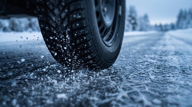 winter studded tire rolling icy road snow particles cold blue light
