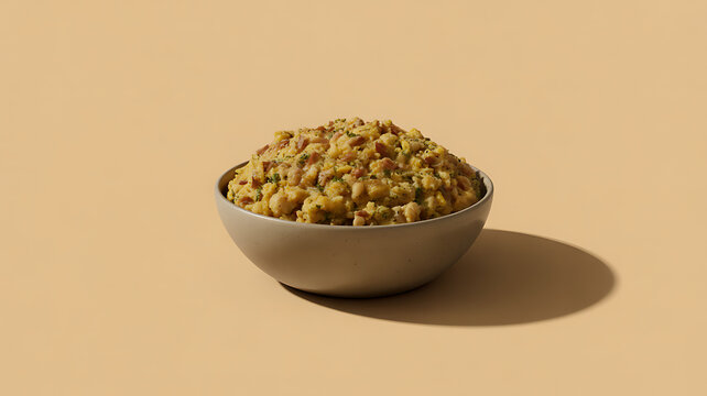 A bowl of quinoa salad with vegetables and beans on a beige surface transparent background