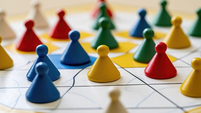 Colorful board game pawns arranged on tabletop strategy game board close up